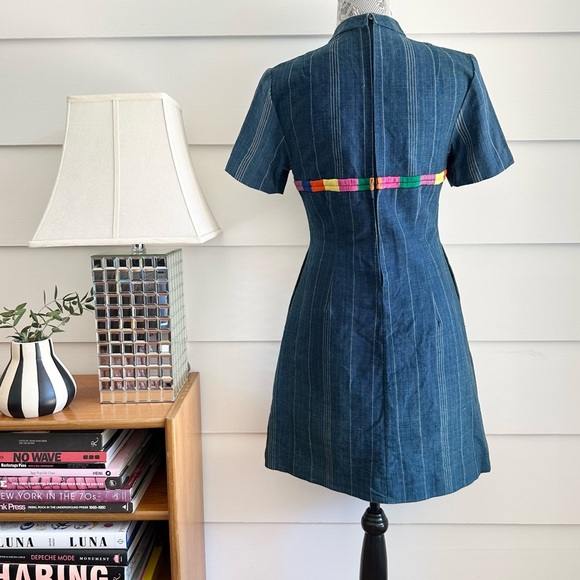Vintage 1970s Indigo Stripe Embroidered Dress Boho Hippie 70s - Picture 6 of 9